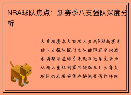 NBA球队焦点：新赛季八支强队深度分析